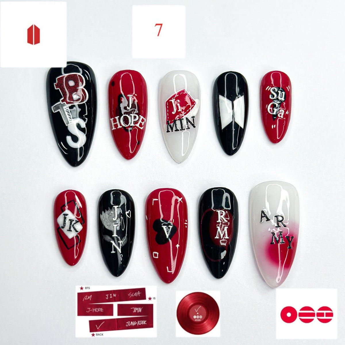 Red Black Kpop Press On Nails | Kpop Inspired Nail Art | Concert Aesthetic Almond Nails | Edgy Graphic Press Ons | Kpop Fan Nails | JB384HC