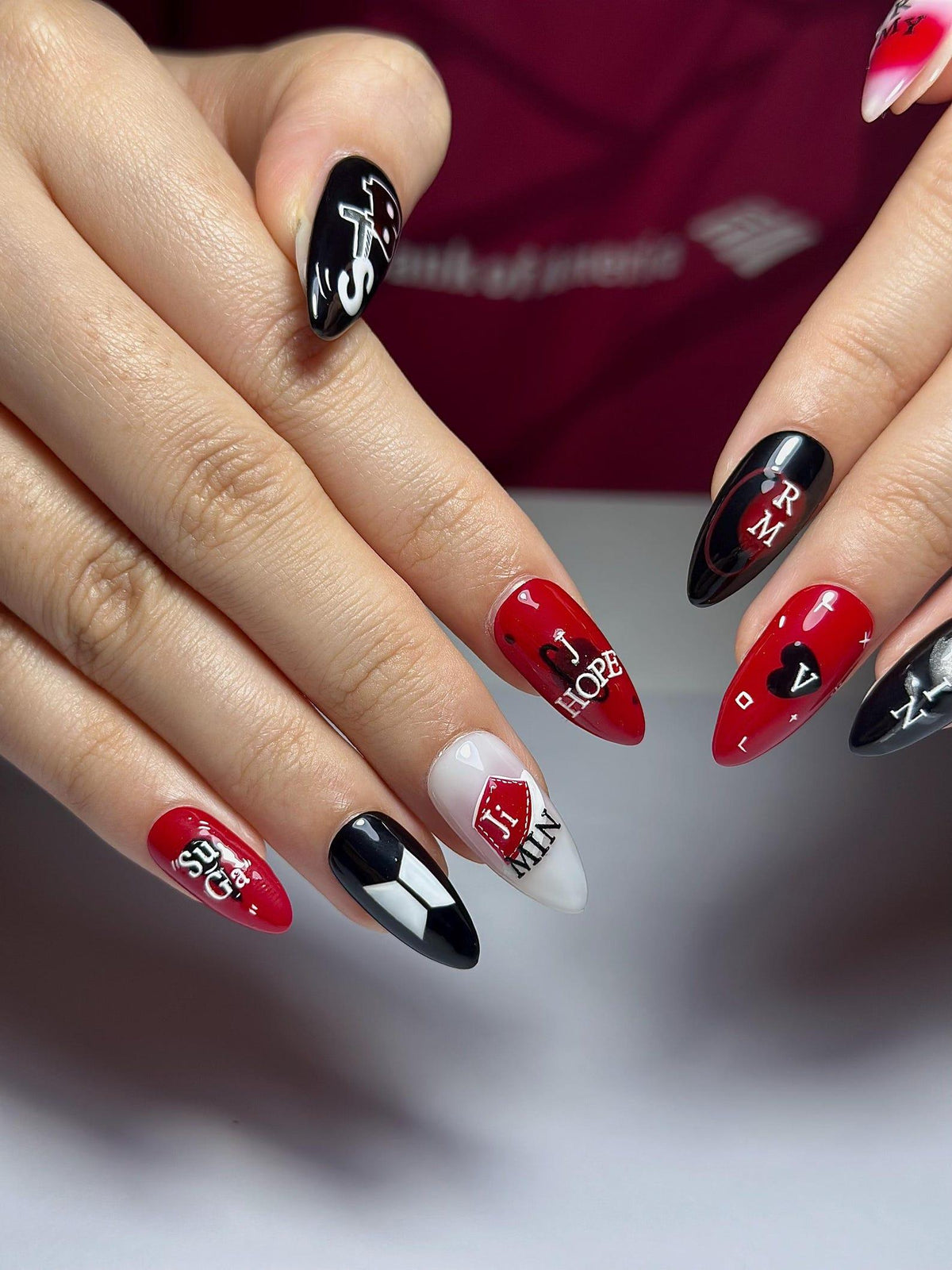 Red Black Kpop Press On Nails | Kpop Inspired Nail Art | Concert Aesthetic Almond Nails | Edgy Graphic Press Ons | Kpop Fan Nails | JB384HC