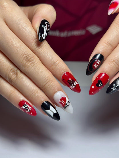 Red Black Kpop Press On Nails | Kpop Inspired Nail Art | Concert Aesthetic Almond Nails | Edgy Graphic Press Ons | Kpop Fan Nails | JB384HC