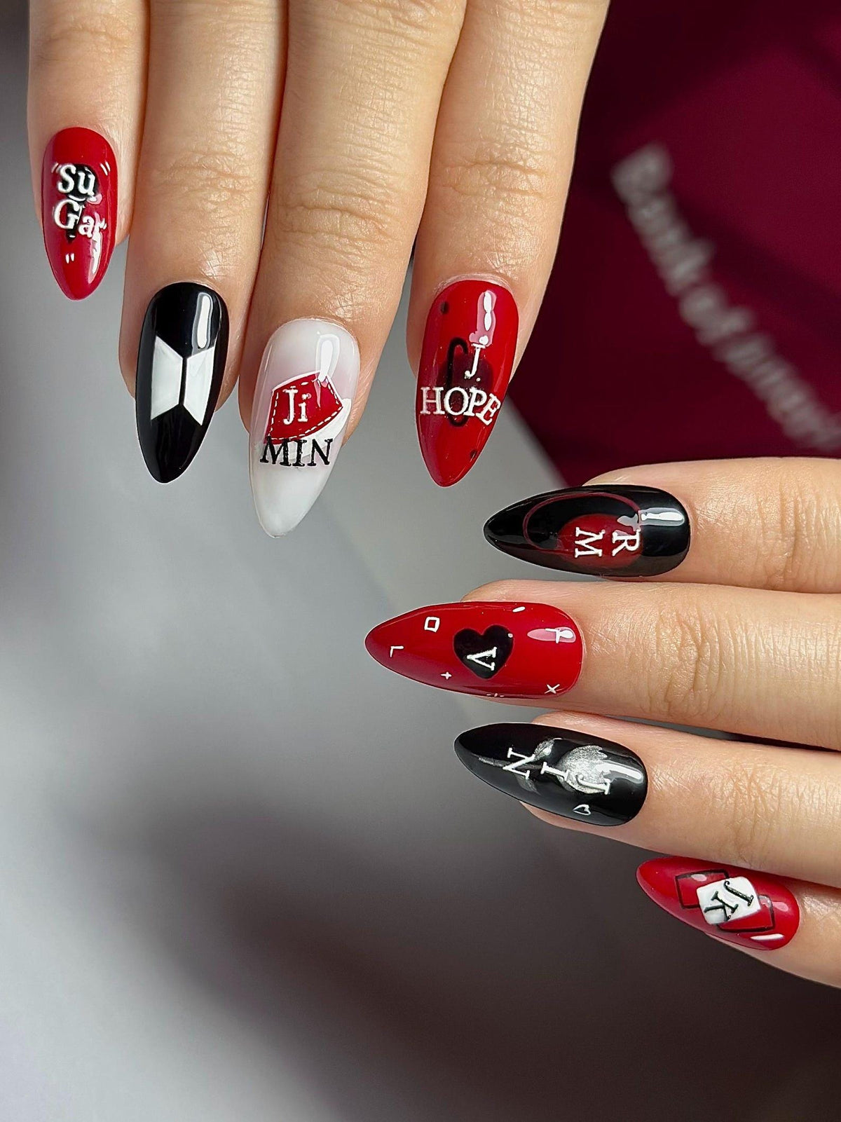 Red Black Kpop Press On Nails | Kpop Inspired Nail Art | Concert Aesthetic Almond Nails | Edgy Graphic Press Ons | Kpop Fan Nails | JB384HC