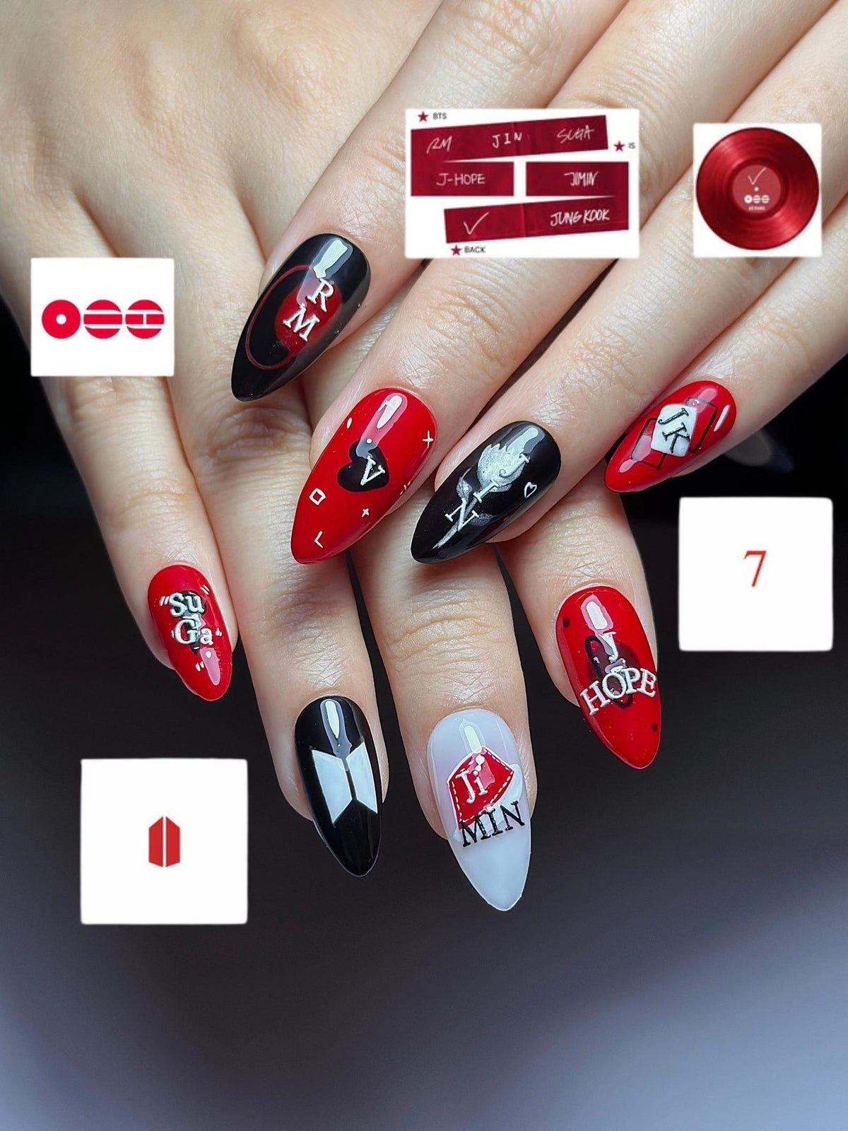 Red Black Kpop Press On Nails | Kpop Inspired Nail Art | Concert Aesthetic Almond Nails | Edgy Graphic Press Ons | Kpop Fan Nails | JB384HC