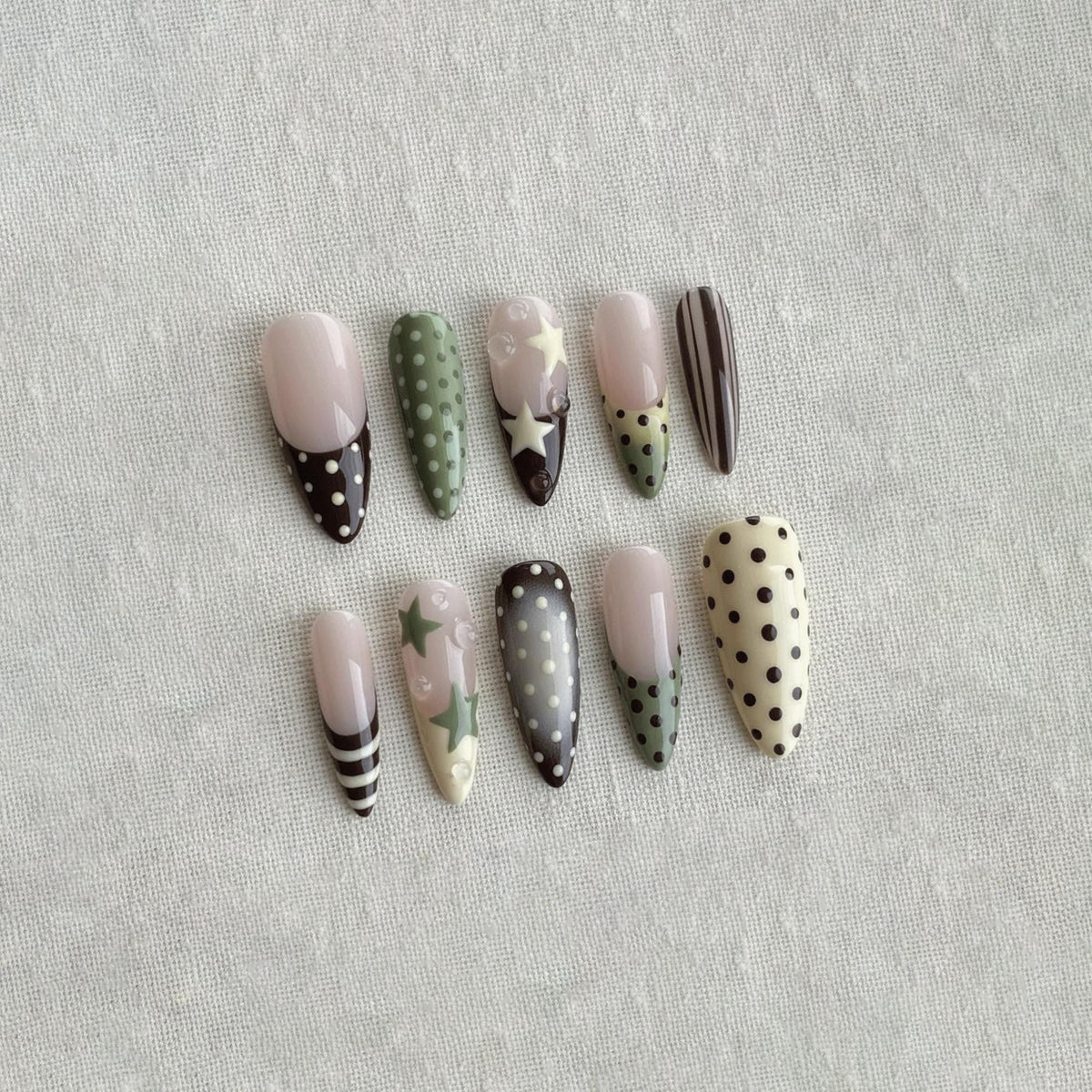 Sage Green Press On Nails, Polka Dot French Tip Nails, Handmade Star Nail Set, Retro 2000s Fake Nails, Cute Indie Nails