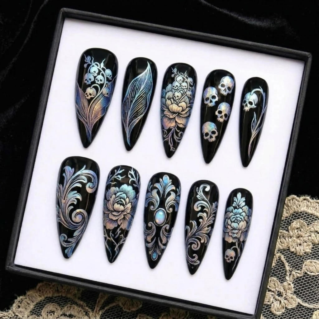 Dark Gothic Skull Press On Nails | Witchcore Stiletto Nails | Floral Skull Silver Filigree Nail | Gothic Glam Nail