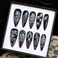 Dark Gothic Skull Press On Nails | Witchcore Stiletto Nails | Floral Skull Silver Filigree Nail | Gothic Glam Nail
