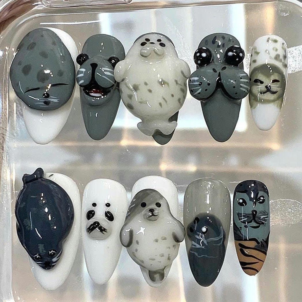3D Seal Press On Nails, Kawaii Marine Animal Art, Handmade False Nails Set