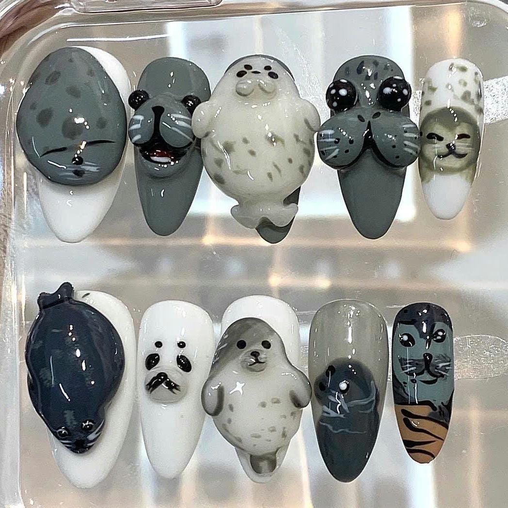 3D Seal Press On Nails, Kawaii Marine Animal Art, Handmade False Nails Set