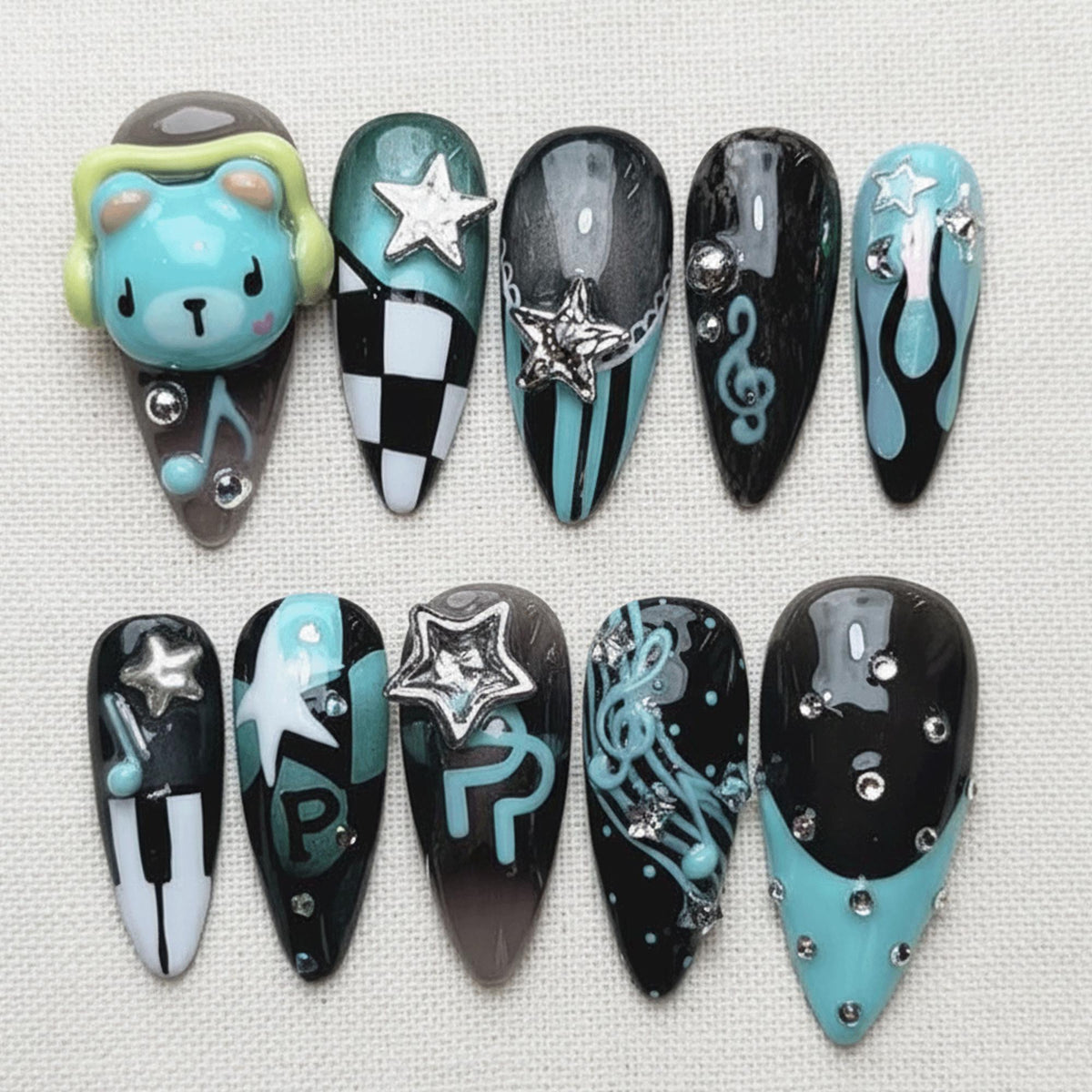 Kawaii Kpop Press On Nails, Cute Bear Music Note Nails, Trendy Korean Nail Art, Handmade Alt Nails