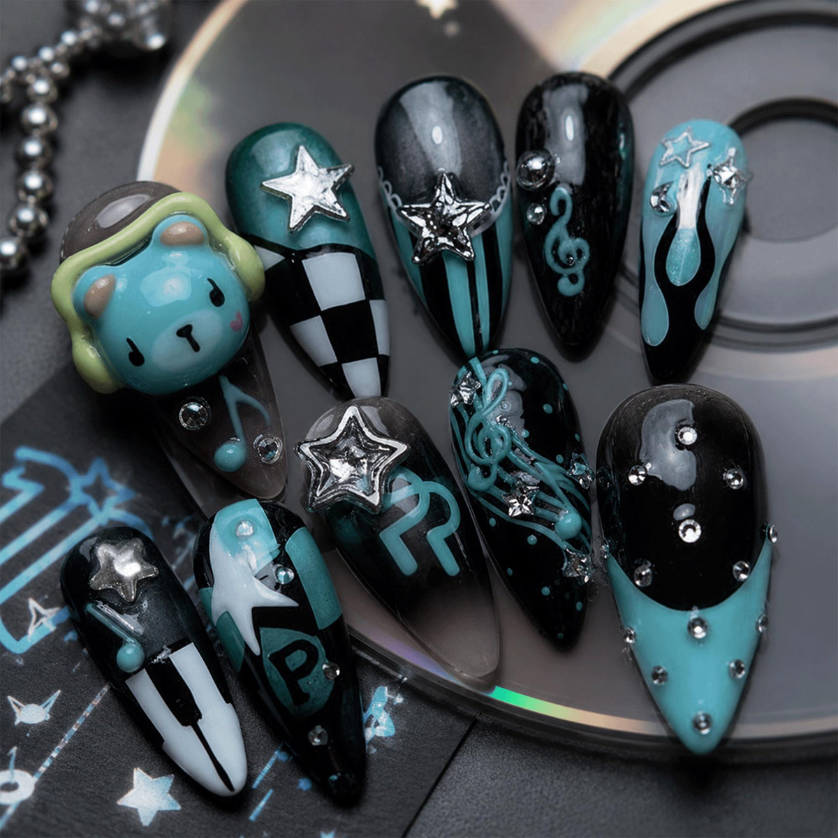Kawaii Kpop Press On Nails, Cute Bear Music Note Nails, Trendy Korean Nail Art, Handmade Alt Nails