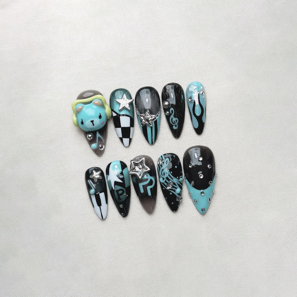Kawaii Kpop Press On Nails, Cute Bear Music Note Nails, Trendy Korean Nail Art, Handmade Alt Nails