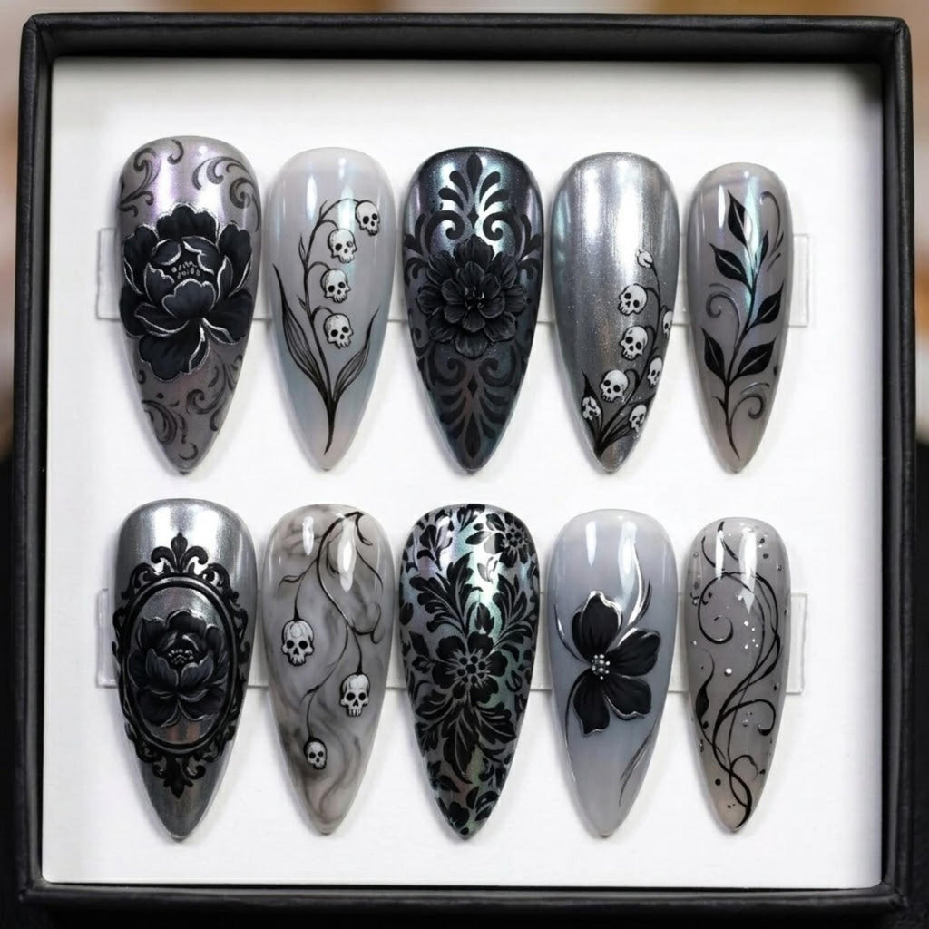 Gothic Floral Press On Nails | Dark Coquette Stiletto Nails | Skull Lily Black Flower Nail Art | Victorian Goth Nails