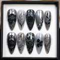 Gothic Floral Press On Nails | Dark Coquette Stiletto Nails | Skull Lily Black Flower Nail Art | Victorian Goth Nails