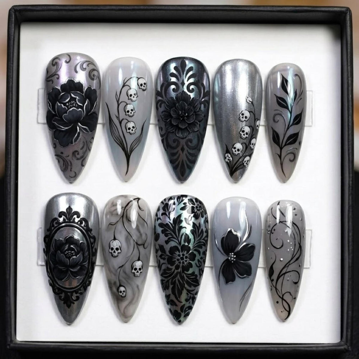 Gothic Floral Press On Nails | Dark Coquette Stiletto Nails | Skull Lily Black Flower Nail Art | Victorian Goth Nails
