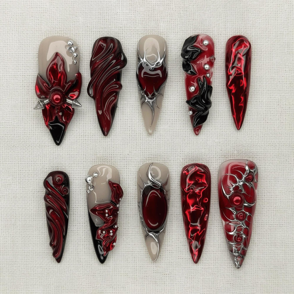 Red Black Gothic Press On Nails, Cyber Vampire Nail Designs, Dark Alternative Fashion Nails, Goth Nail Set