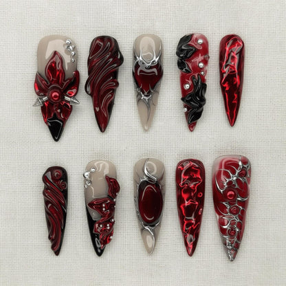 Red Black Gothic Press On Nails, Cyber Vampire Nail Designs, Dark Alternative Fashion Nails, Goth Nail Set