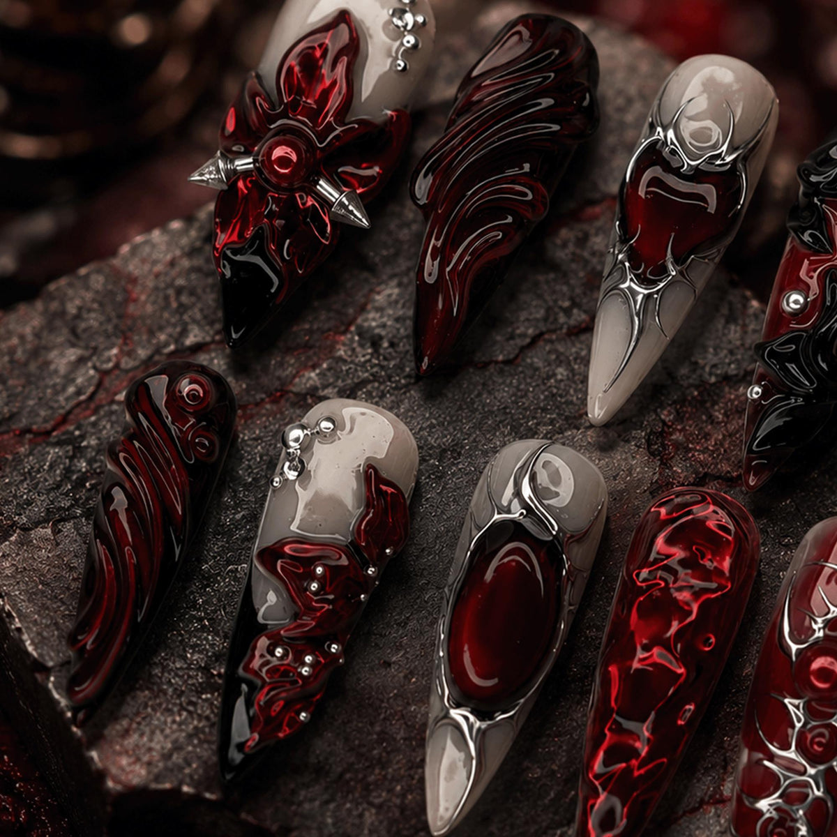 Red Black Gothic Press On Nails, Cyber Vampire Nail Designs, Dark Alternative Fashion Nails, Goth Nail Set