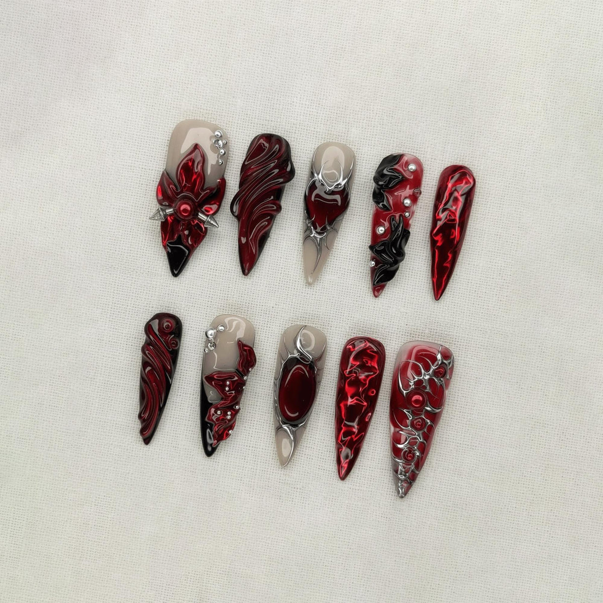 Red Black Gothic Press On Nails, Cyber Vampire Nail Designs, Dark Alternative Fashion Nails, Goth Nail Set