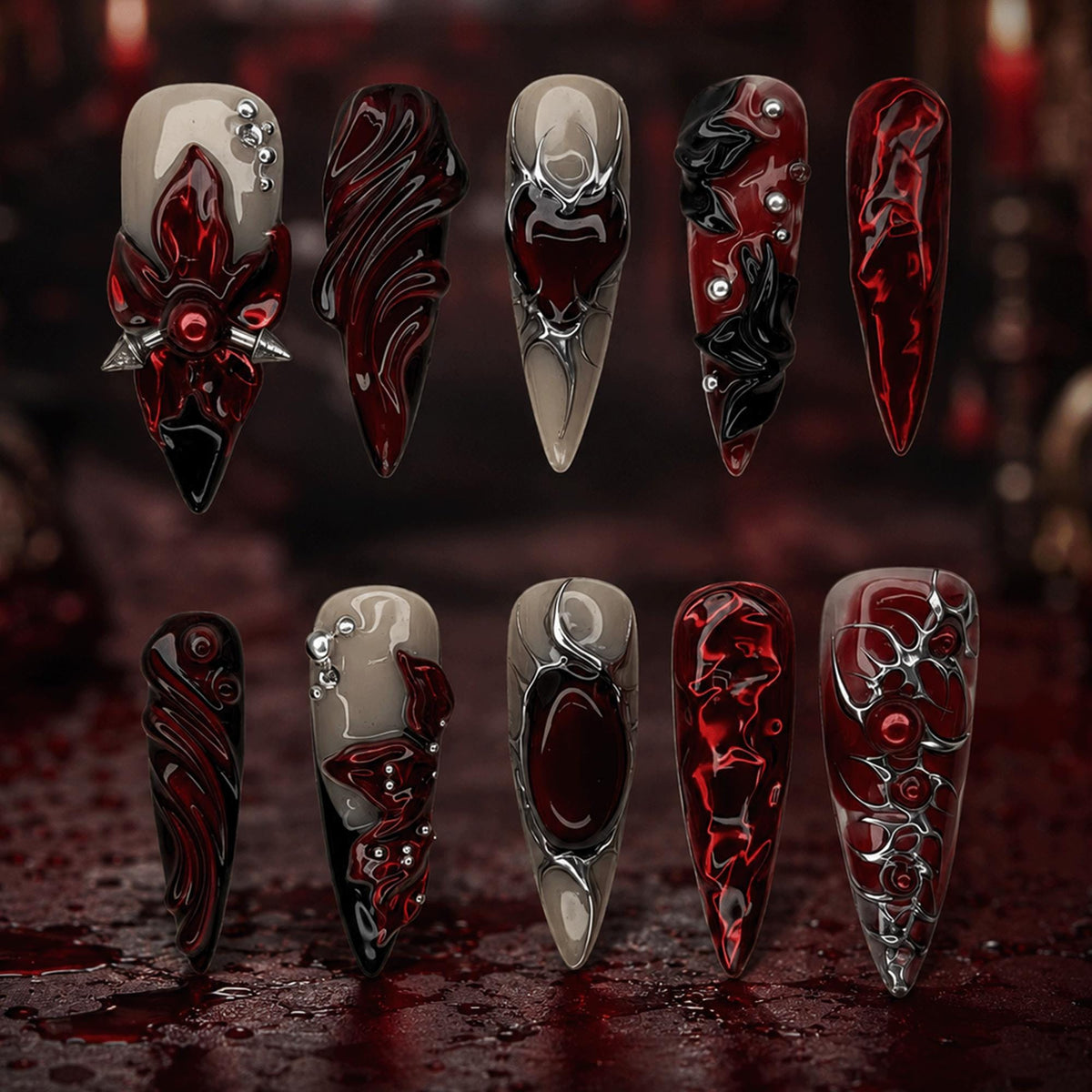 Red Black Gothic Press On Nails, Cyber Vampire Nail Designs, Dark Alternative Fashion Nails, Goth Nail Set
