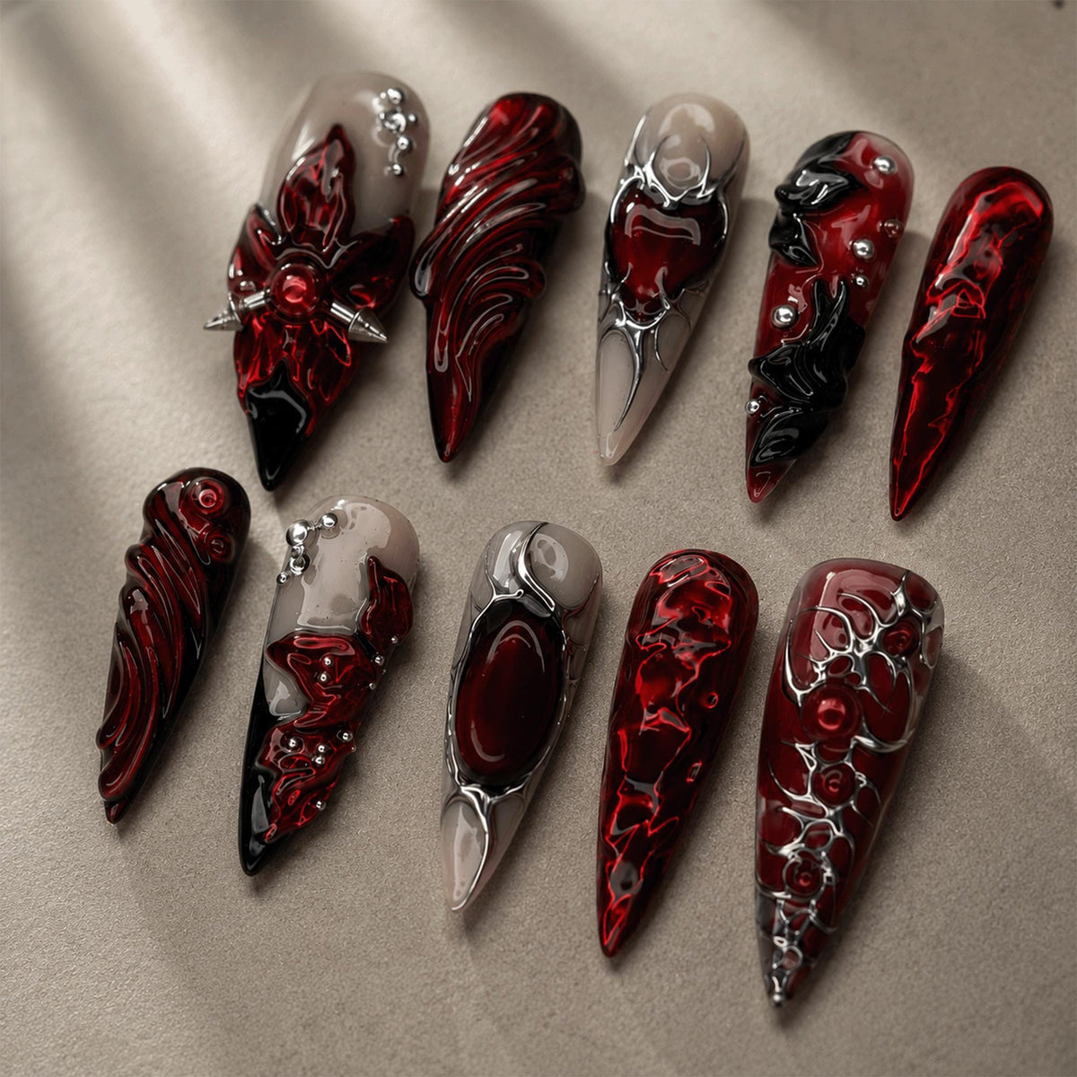 Red Black Gothic Press On Nails, Cyber Vampire Nail Designs, Dark Alternative Fashion Nails, Goth Nail Set