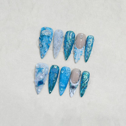 Ocean Summer Press On Nails, Handmade Mermaid Nails, 3D Sea Creature Nails, Blue Jellyfish Nails, Fantasy Beach Nail Set