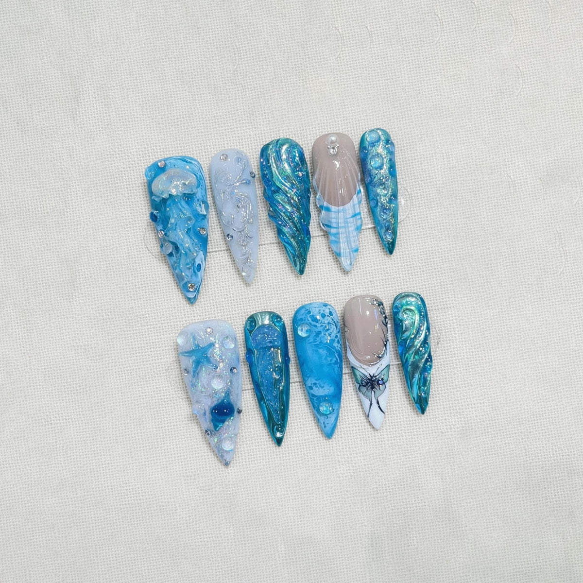 Ocean Summer Press On Nails, Handmade Mermaid Nails, 3D Sea Creature Nails, Blue Jellyfish Nails, Fantasy Beach Nail Set