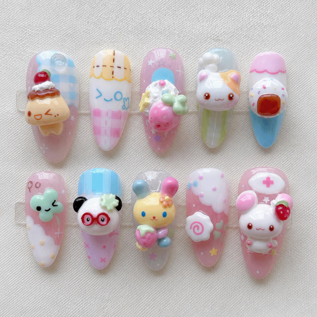 Cute Kawaii Press On Nails, 3D Dessert Nails, Pastel Bunny Character Nails, Japanese Nail Art, Handmade Gel Nails