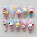 Cute Kawaii Press On Nails, 3D Dessert Nails, Pastel Bunny Character Nails, Japanese Nail Art, Handmade Gel Nails