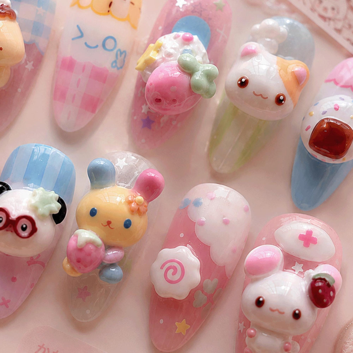Cute Kawaii Press On Nails, 3D Dessert Nails, Pastel Bunny Character Nails, Japanese Nail Art, Handmade Gel Nails
