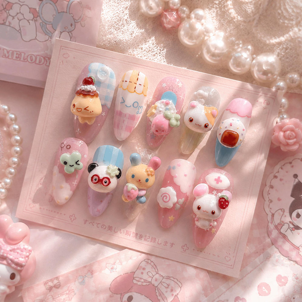 Cute Kawaii Press On Nails, 3D Dessert Nails, Pastel Bunny Character Nails, Japanese Nail Art, Handmade Gel Nails