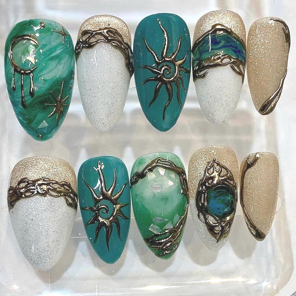 Celestial Press On Nails, Sun Moon Gold 3D Nails, Green Marble Nail Set