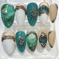 Celestial Press On Nails, Sun Moon Gold 3D Nails, Green Marble Nail Set