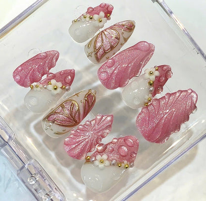 Pink 3D Floral Butterfly Press On Nails, Pearl Gold Charm Set
