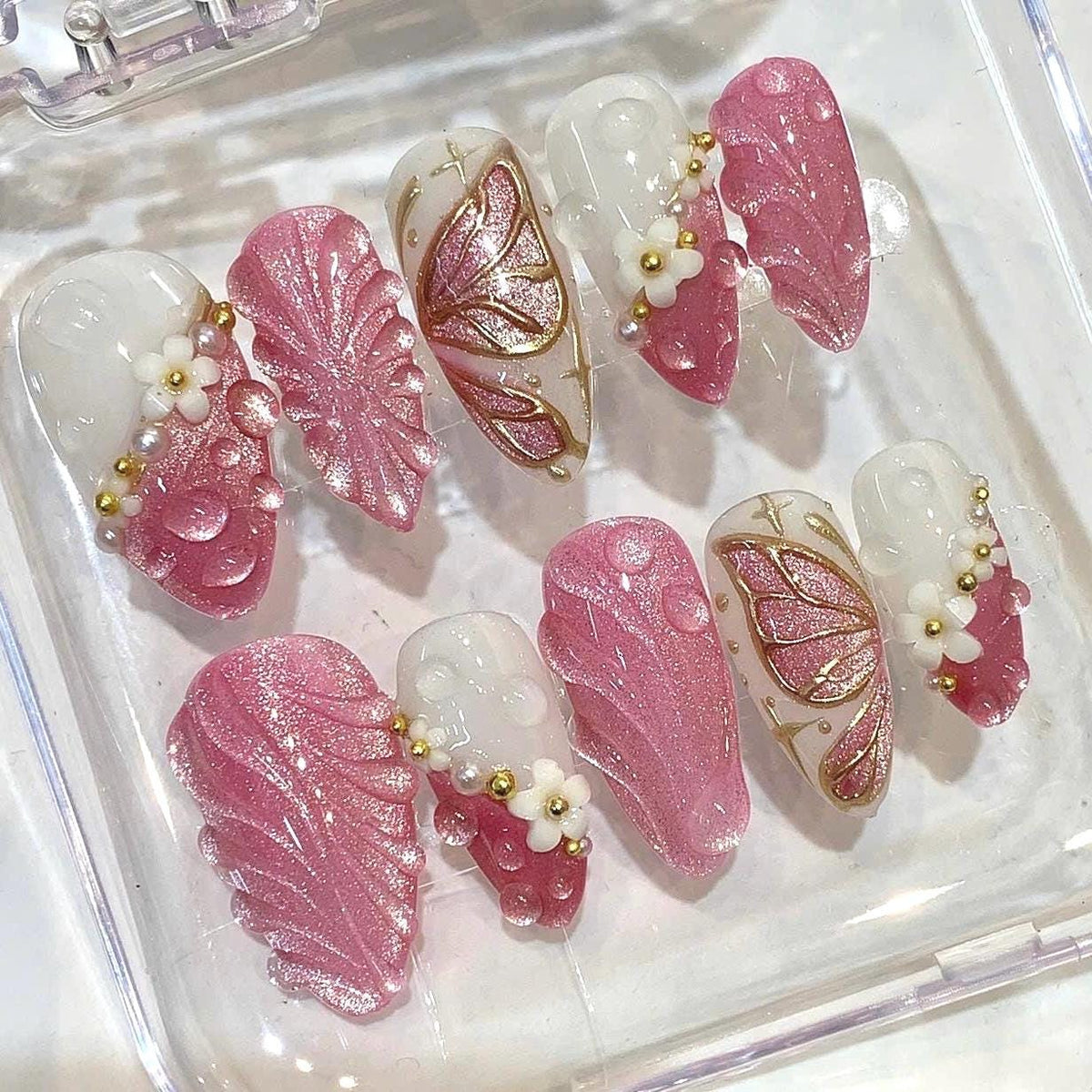 Pink 3D Floral Butterfly Press On Nails, Pearl Gold Charm Set
