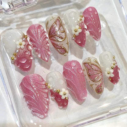 Pink 3D Floral Butterfly Press On Nails, Pearl Gold Charm Set