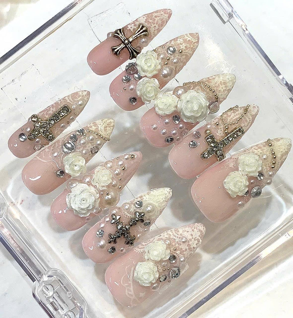 Vintage Cross Press On Nails, 3D Rose Pearl Gothic Coquette Set