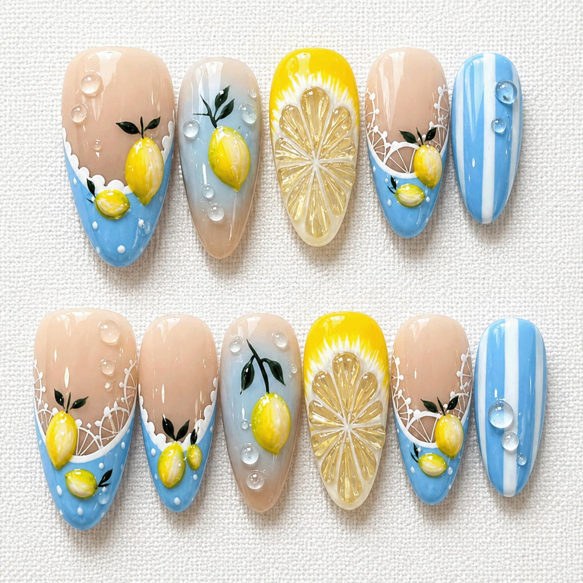 Lemon Summer Press On Nails, Blue French Tip Nails, Citrus Fruit Nail Set, 3D Lemon Nails, Cute Vacation Nails