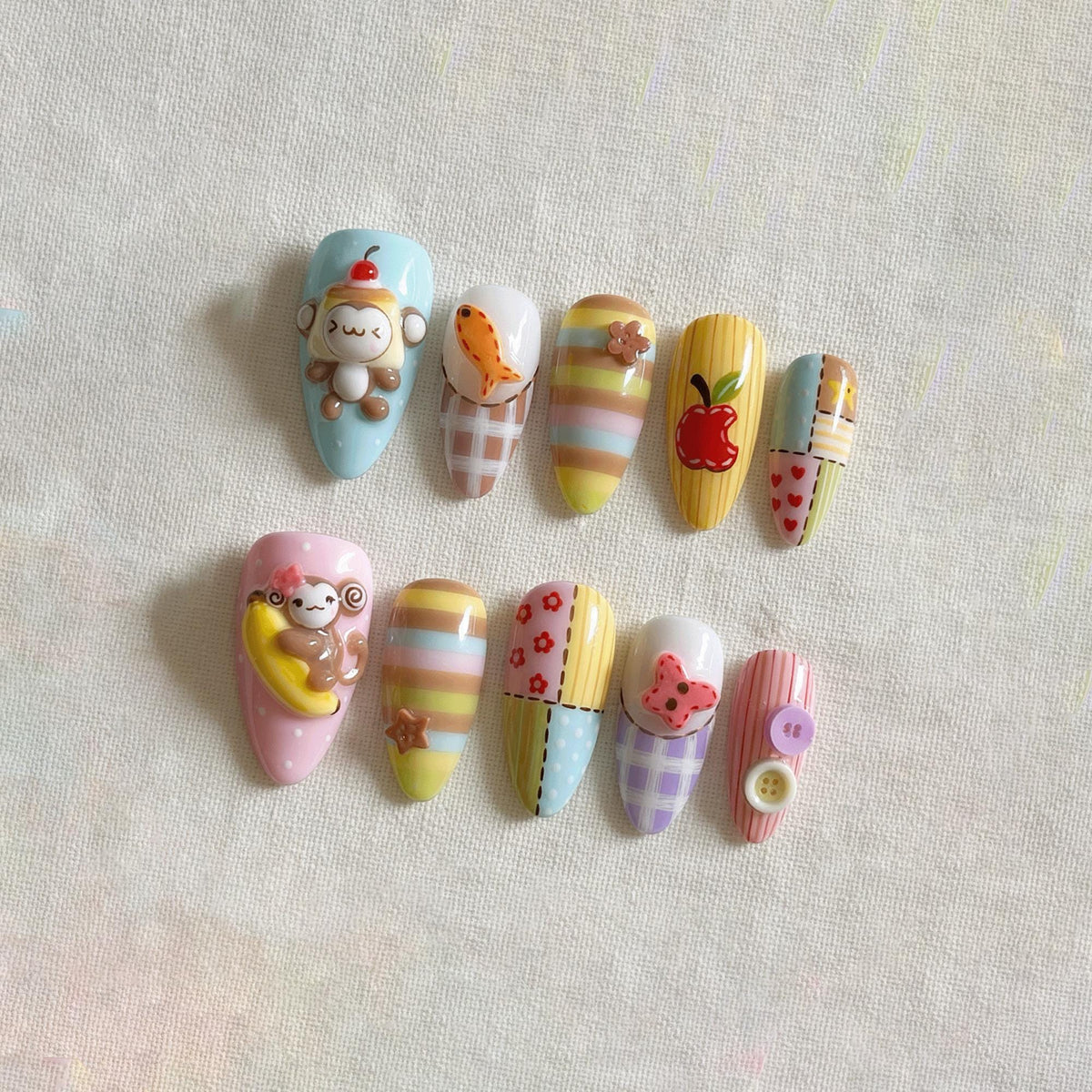Kawaii Pastel Press On Nails, 3D Cookie Nails, Cute Animal Nail Set, Handmade Japanese Fake Nails, Plaid Gingham Nails