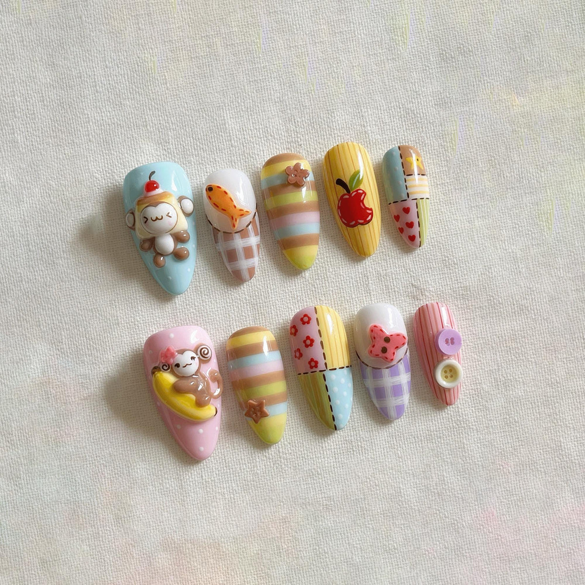 Kawaii Pastel Press On Nails, 3D Cookie Nails, Cute Animal Nail Set, Handmade Japanese Fake Nails, Plaid Gingham Nails