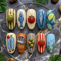 Mediterranean Sardine Press On Nails / Coastal Italian Summer Aesthetic / 3D Olive Tomato Hand Painted Seafood Nails