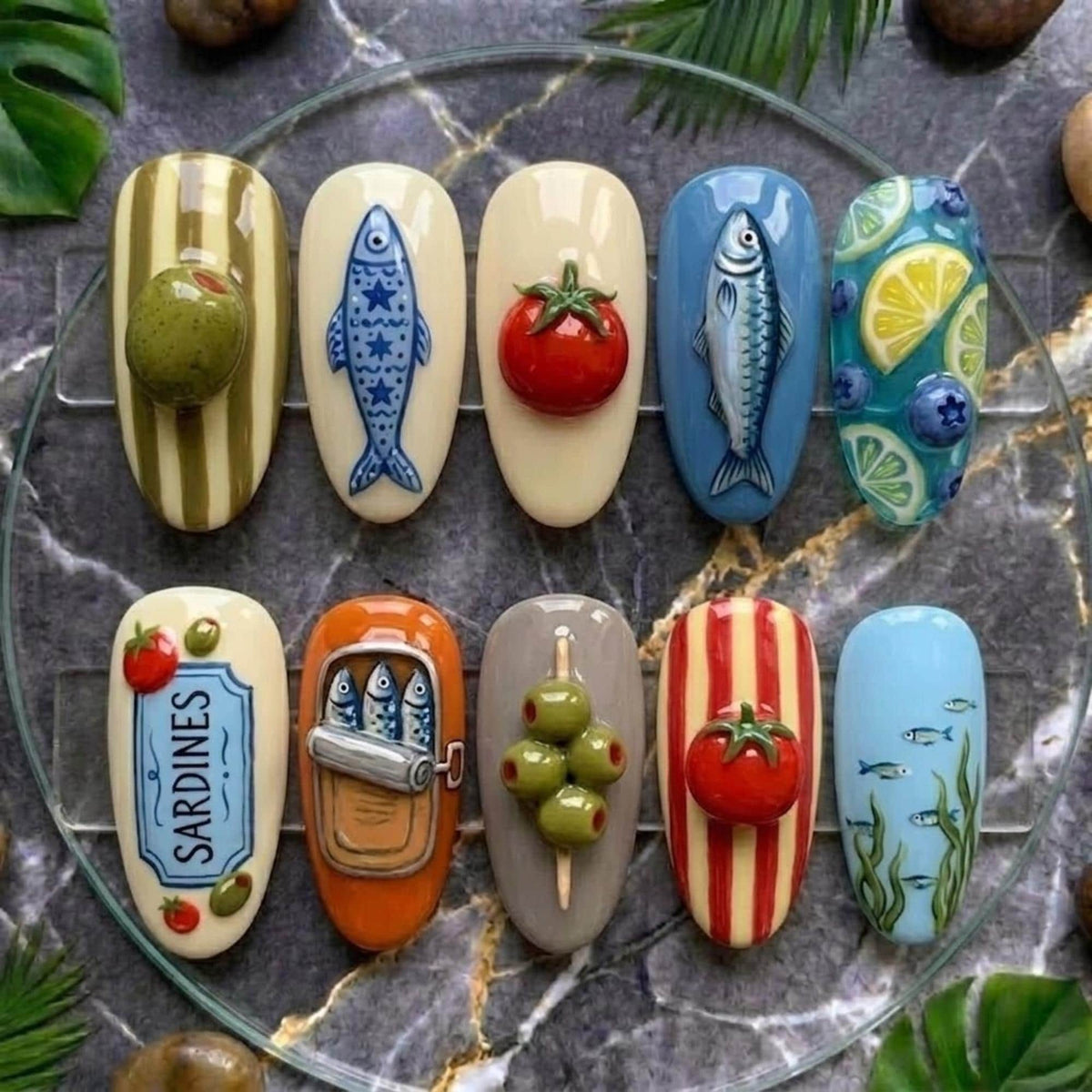 Mediterranean Sardine Press On Nails / Coastal Italian Summer Aesthetic / 3D Olive Tomato Hand Painted Seafood Nails