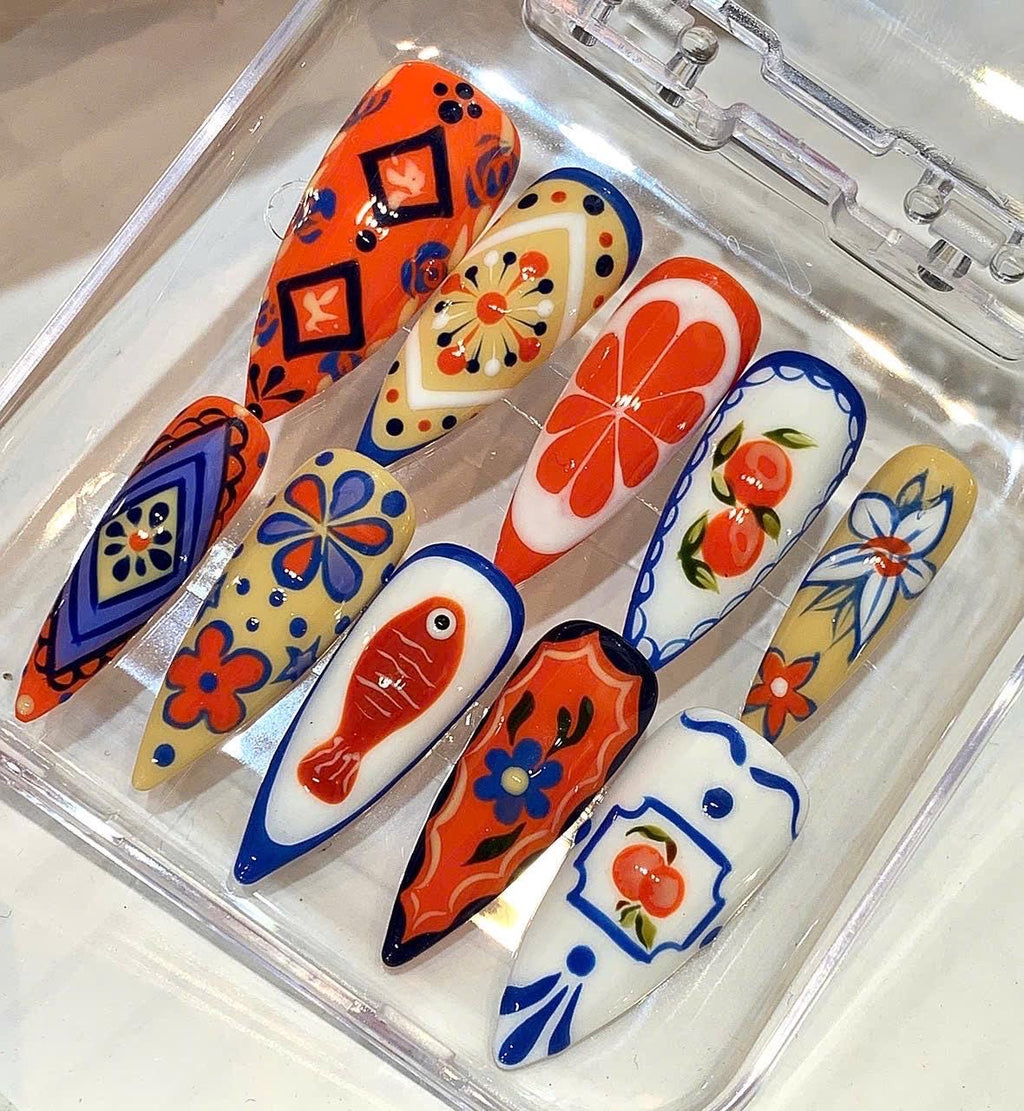 Hand Painted Mediterranean Press On Nails, Retro Fruit Sardine Citrus Set