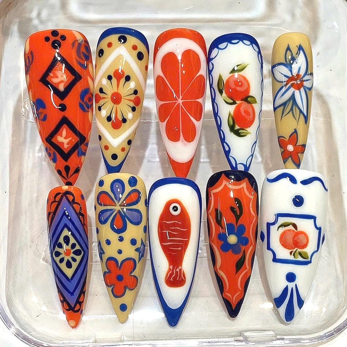 Hand Painted Mediterranean Press On Nails, Retro Fruit Sardine Citrus Set
