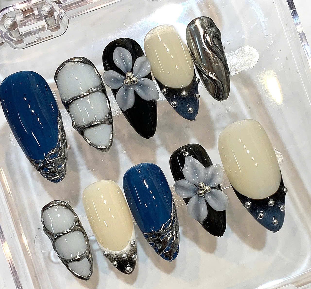 Blue Chrome 3D Flower Nail Set, Modern Silver Swirl French Tips