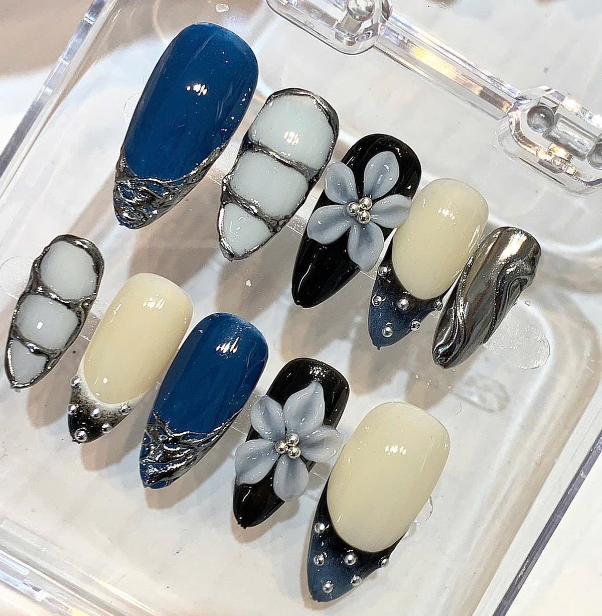 Blue Chrome 3D Flower Nail Set, Modern Silver Swirl French Tips