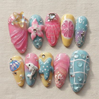 Summer Kawaii Press On Nails, Mermaid Beach Nails, Cute Pastel Dolphin Nails, Handmade Reusable Gel Nails