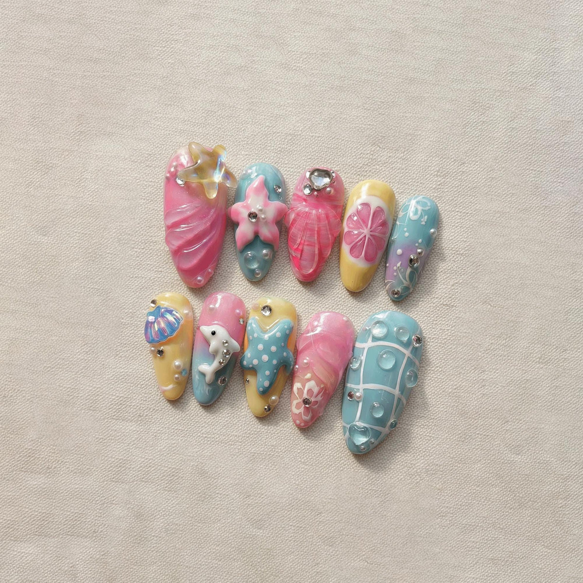 Summer Kawaii Press On Nails, Mermaid Beach Nails, Cute Pastel Dolphin Nails, Handmade Reusable Gel Nails