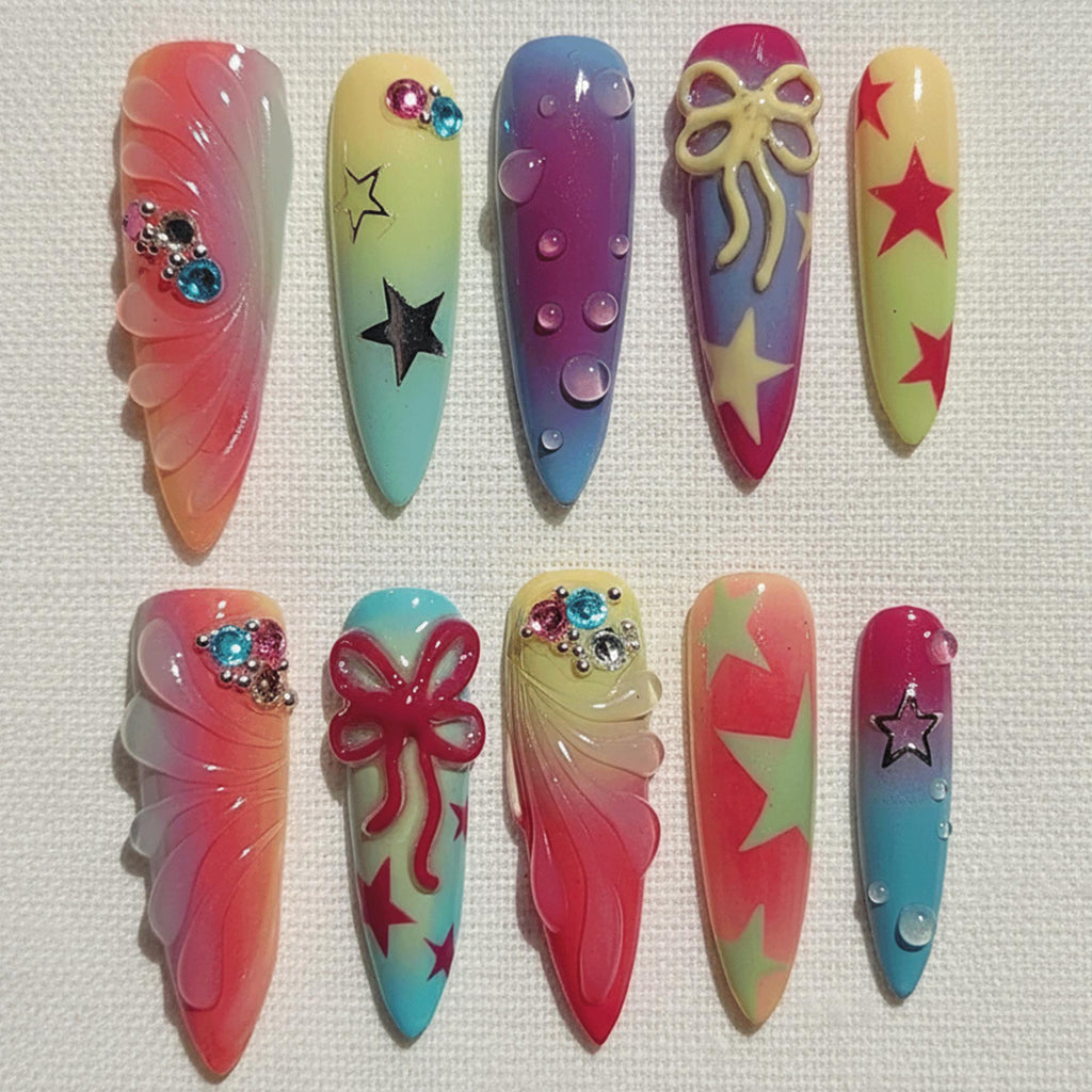 Y2K Rainbow Star Press On Nails, Kawaii Airbrush Nails With 3D Bow, Colorful Gradient Gel Nails, Handmade Press Ons
