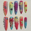 Y2K Rainbow Star Press On Nails, Kawaii Airbrush Nails With 3D Bow, Colorful Gradient Gel Nails, Handmade Press Ons