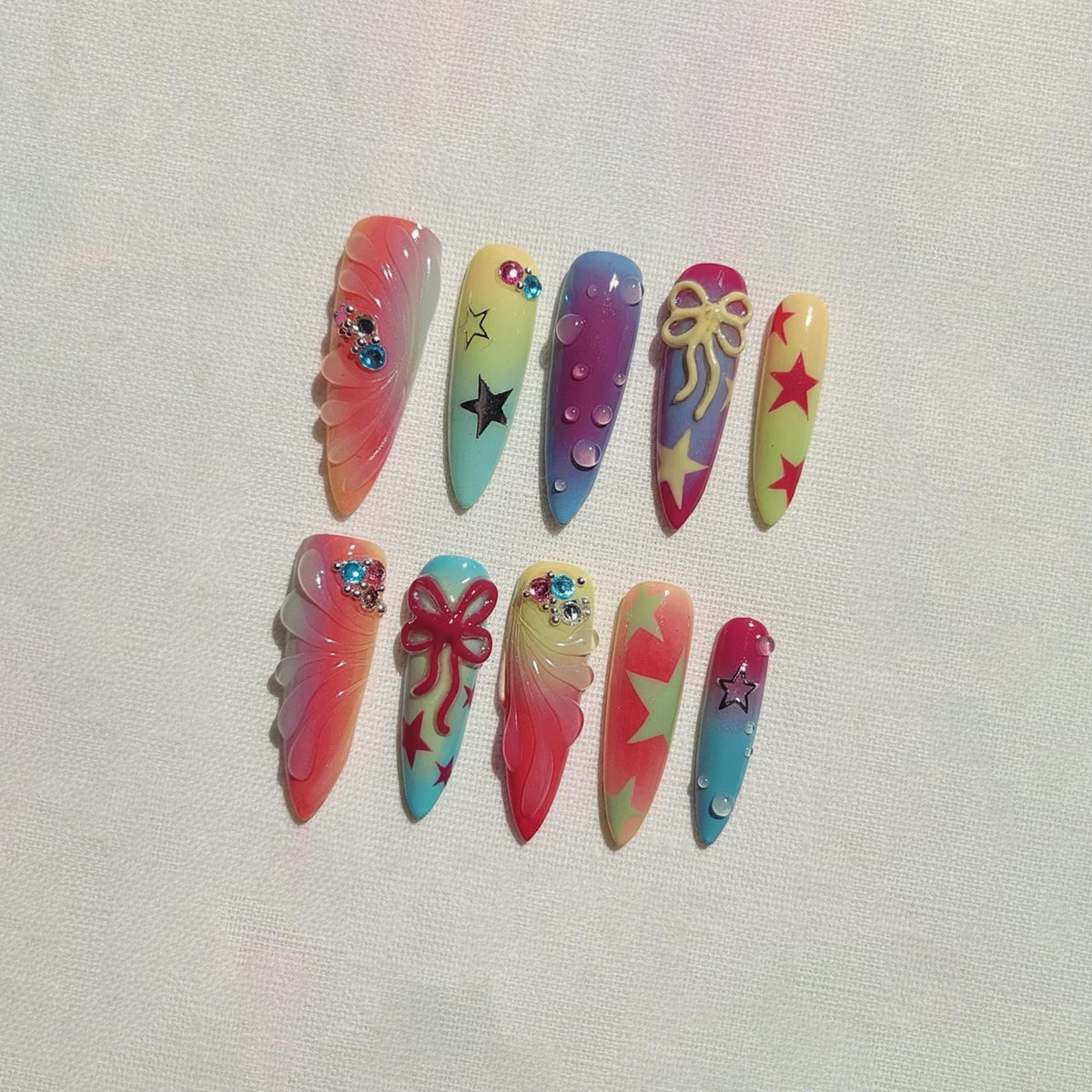 Y2K Rainbow Star Press On Nails, Kawaii Airbrush Nails With 3D Bow, Colorful Gradient Gel Nails, Handmade Press Ons