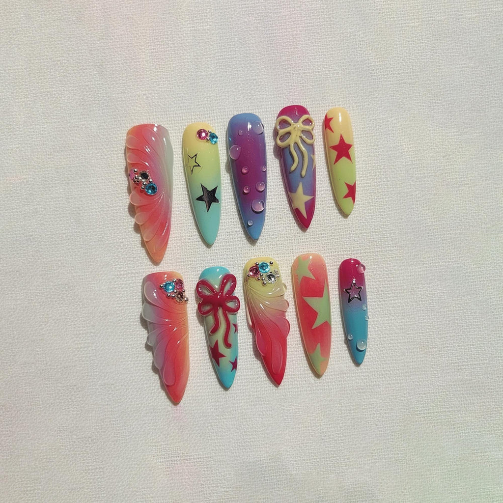 Y2K Rainbow Star Press On Nails, Kawaii Airbrush Nails With 3D Bow, Colorful Gradient Gel Nails, Handmade Press Ons