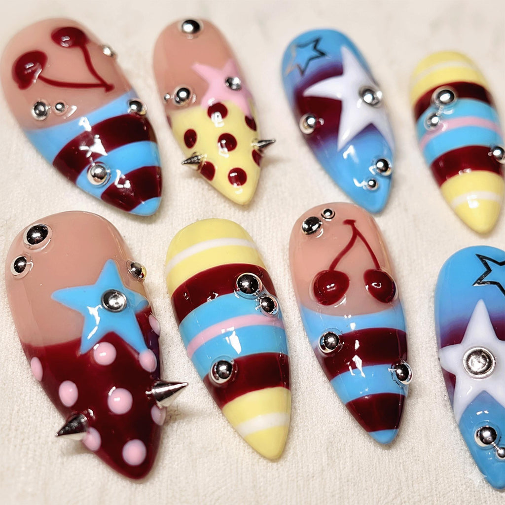 Retro Polka Dot Press On Nails, Kawaii Star Nail Art, Handmade Funky Striped Nails